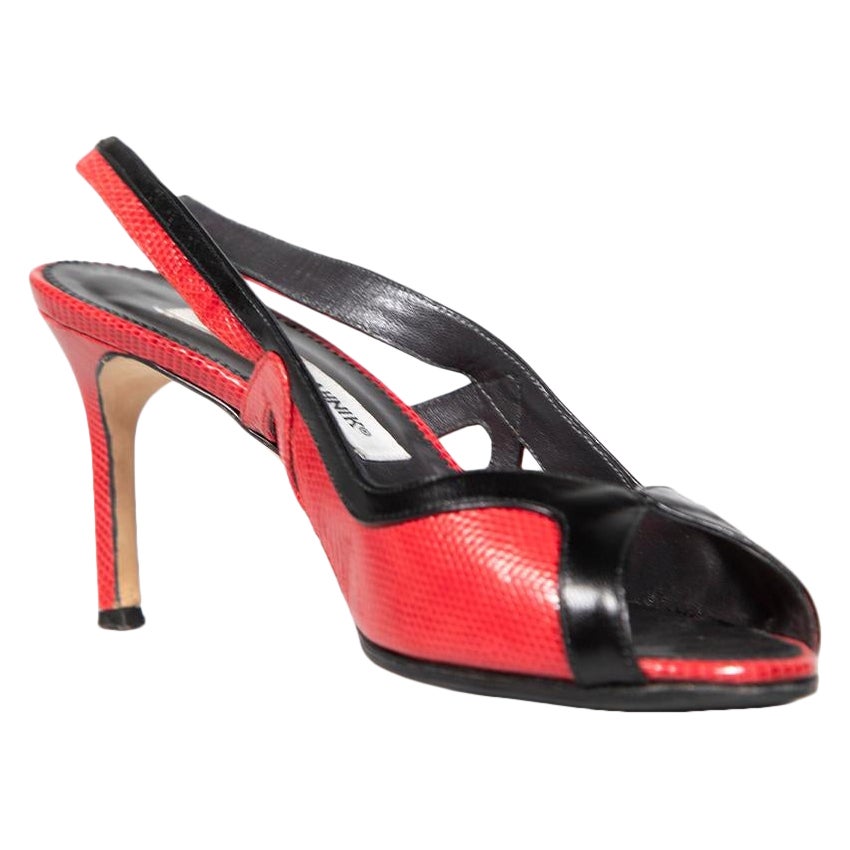 Manolo Blahnik Red & Black Leather Slingback Sandals Size IT 38