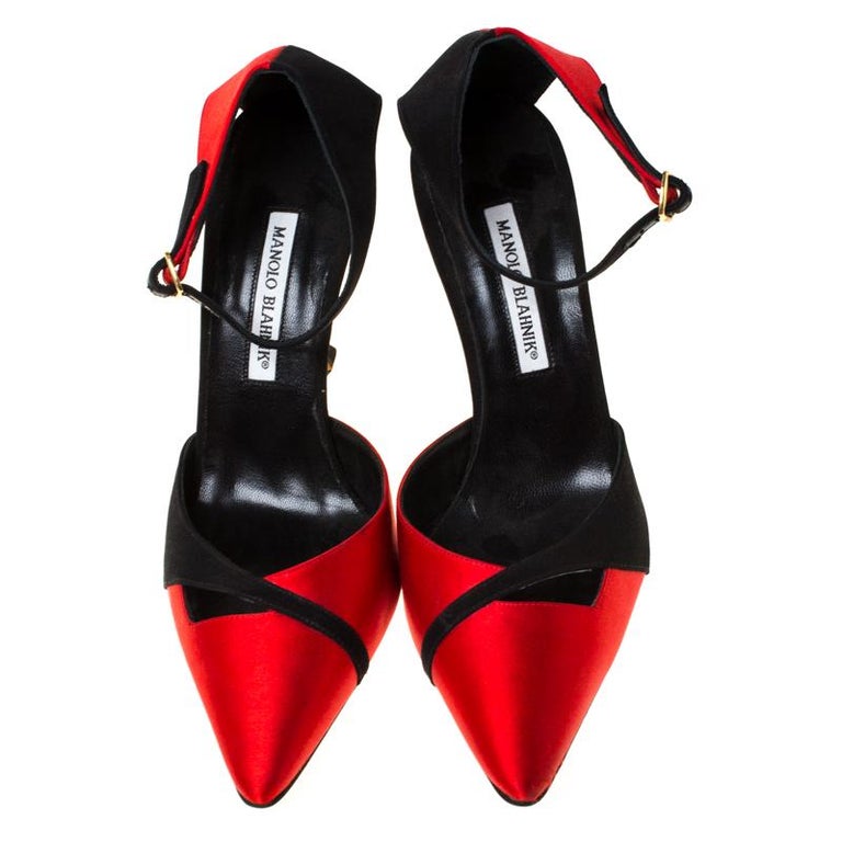 Manolo Blahnik Red/Black Satin Kobra Pointed Toe Ankle Strap Pumps Size ...