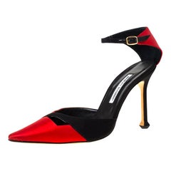 Manolo Blahnik Red/Black Satin Kobra Pointed Toe Ankle Strap Pumps Size 40.5