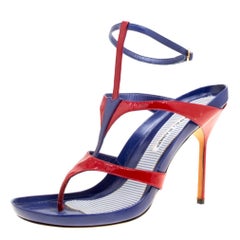 Manolo Blahnik Red/Blue Leather T Strap Thong Sandals Size 40.5