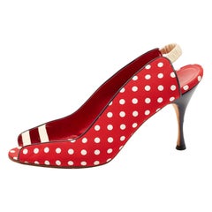 Manolo Blahnik Red Canvas and Leather Polka Dot Slingback Sandals Size 40