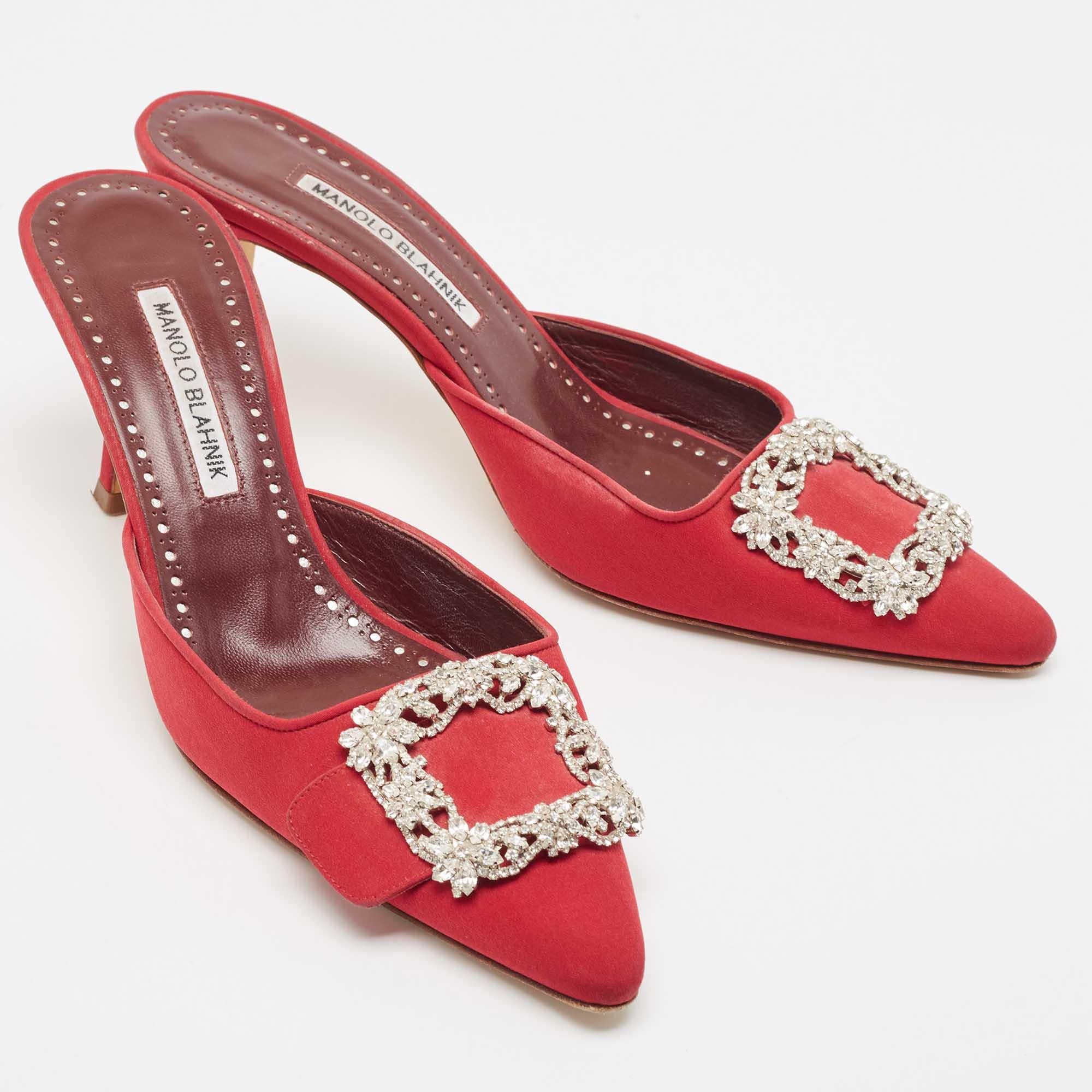 Women's Manolo Blahnik Red Fabric Hangisi Mules Size 39.5 For Sale
