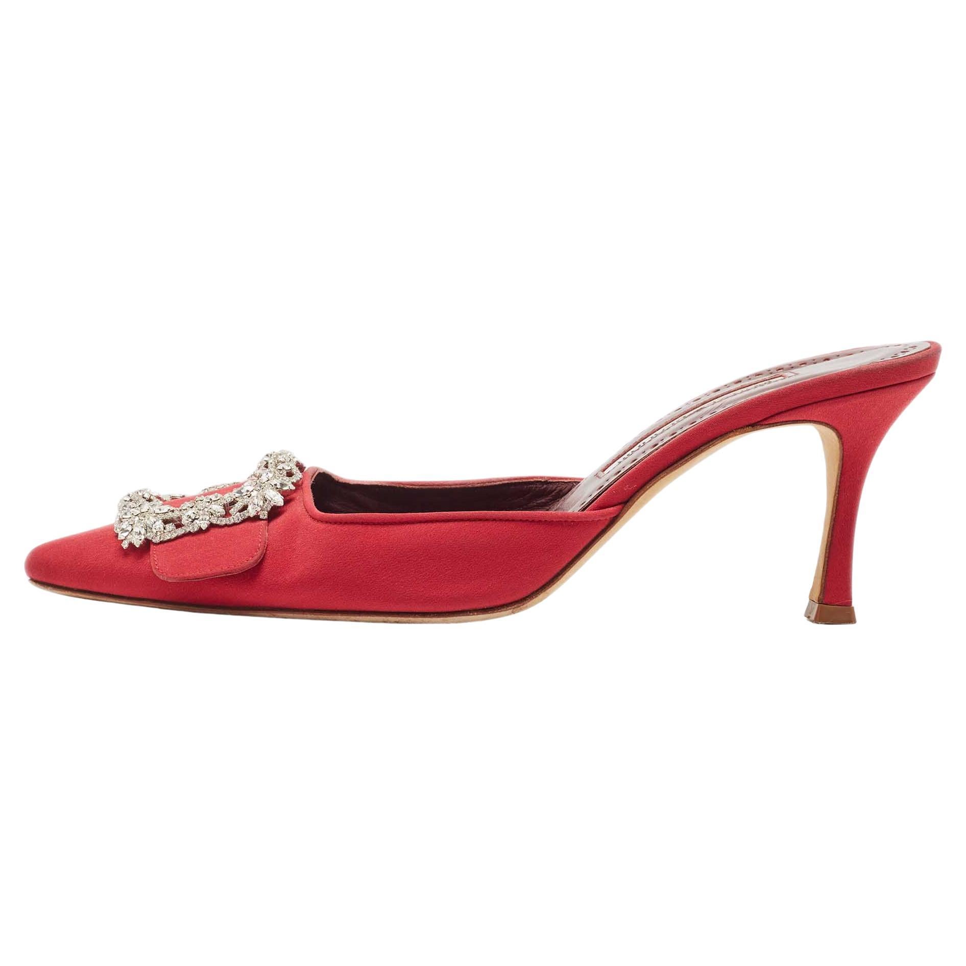 Manolo Blahnik Red Fabric Hangisi Mules Size 39.5 For Sale