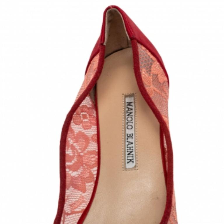 Women's Manolo Blahnik Red Lace And Satin Hangisi Ballet Flats Size 36