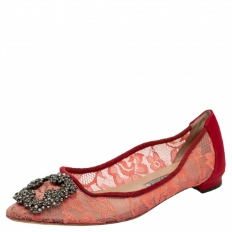 Manolo Blahnik Red Lace And Satin Hangisi Ballet Flats Size 36 2