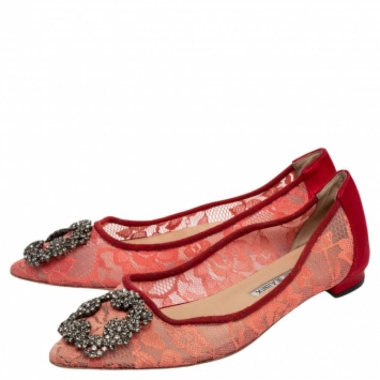 Manolo Blahnik Red Lace And Satin Hangisi Ballet Flats Size 36 3