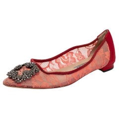 Manolo Blahnik Red Lace And Satin Hangisi Ballet Flats Size 36