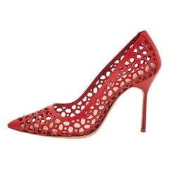 Manolo Blahnik Red Leather Laserato BB Pumps Size 37.5
