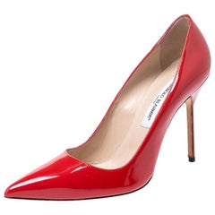 Manolo Blahnik Red Patent Leather BB Pointed Toe Pumps Size 37
