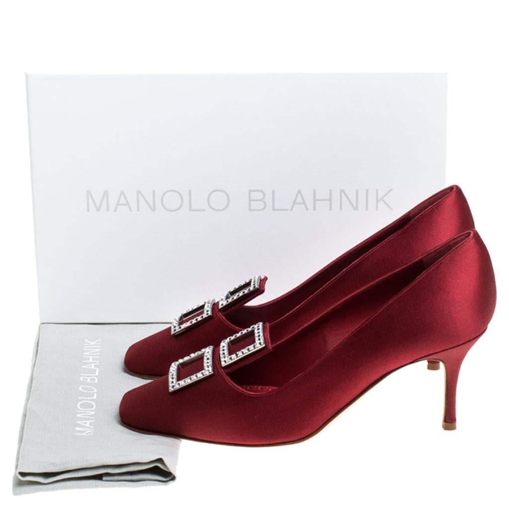 Manolo Blahnik Red Satin Crystal Embellished Repipe Pumps Size 37.5 4