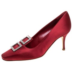 Manolo Blahnik Red Satin Crystal Embellished Repipe Pumps Size 37.5