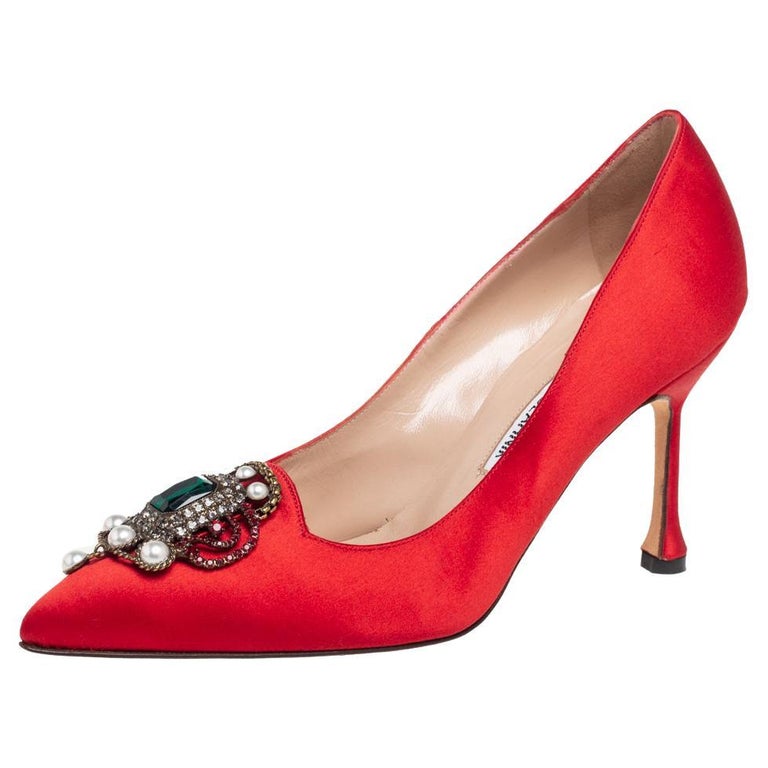 Manolo Blahnik Red Satin Eufrasia Pointed Toe Pumps Size 36.5 at 1stDibs