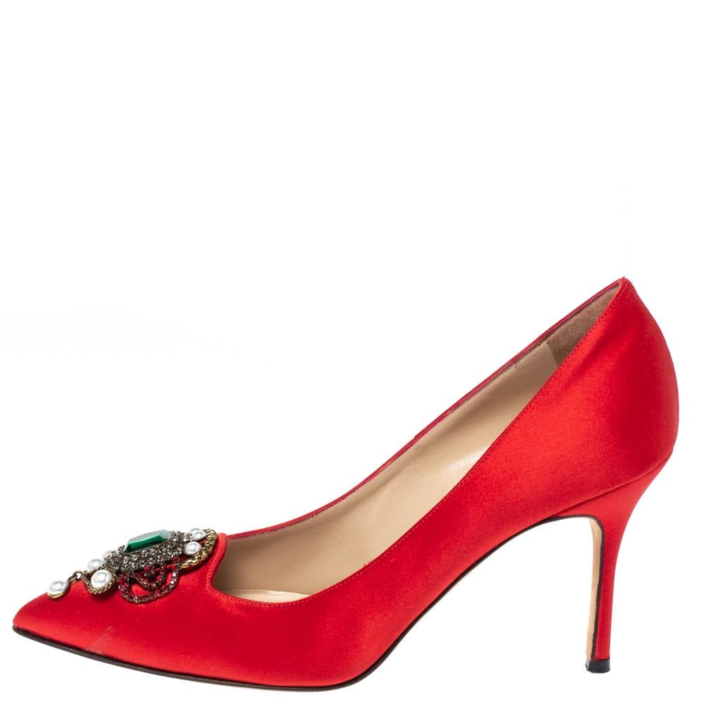Women's Manolo Blahnik Red Satin 'Eufrasia' Pointed Toe Pumps Size 37.5