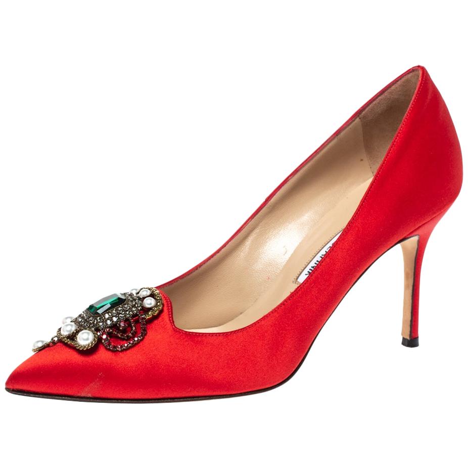 Manolo Blahnik Red Satin 'Eufrasia' Pointed Toe Pumps Size 37.5 at 1stDibs
