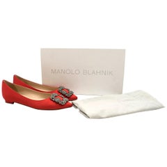 Used Manolo Blahnik Red Satin Hangisi Flats 35