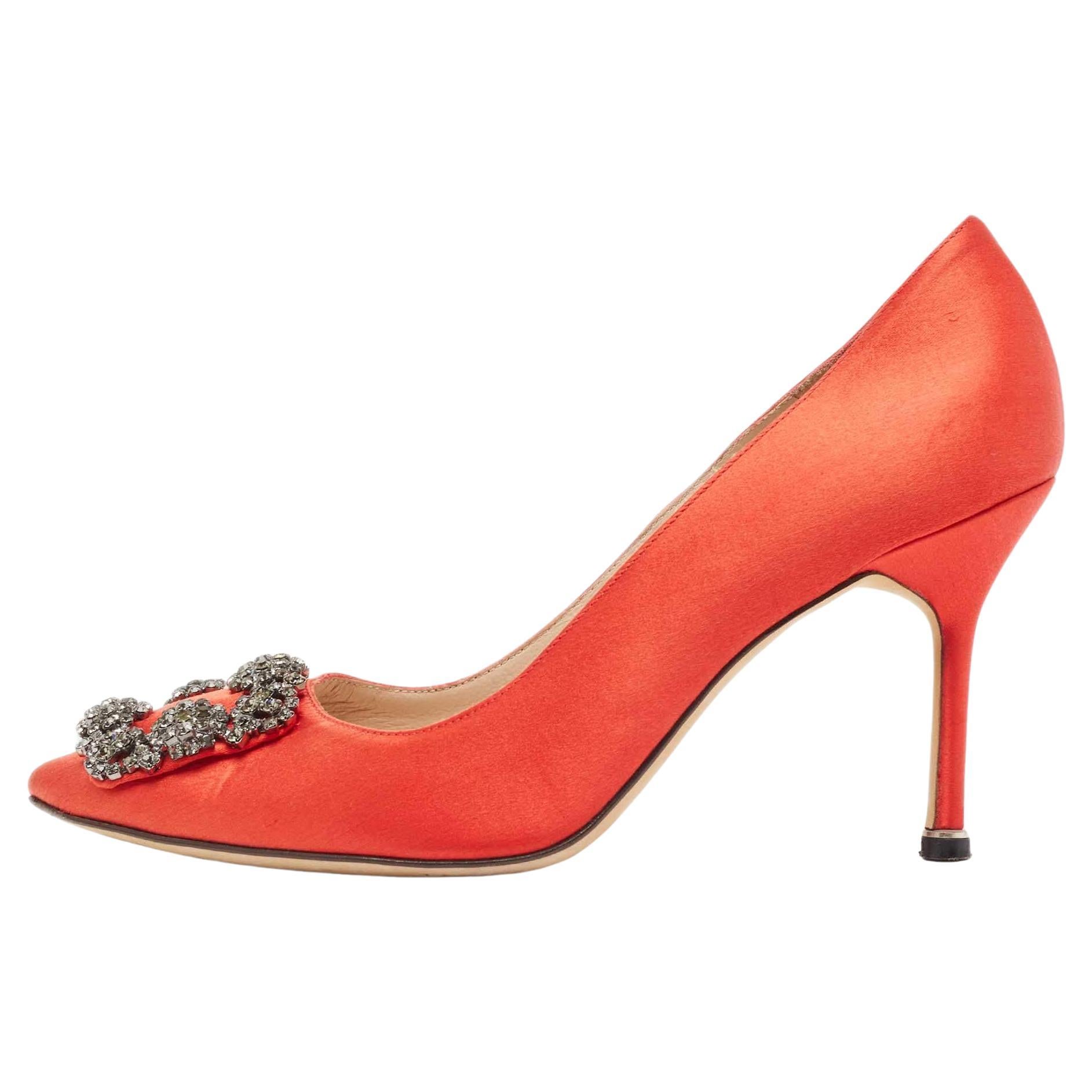 Manolo Blahnik Red Satin Hangisi Pumps Size 37 For Sale