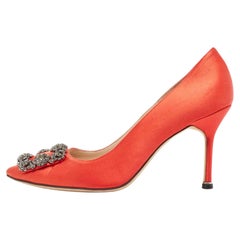 Used Manolo Blahnik Red Satin Hangisi Pumps Size 37