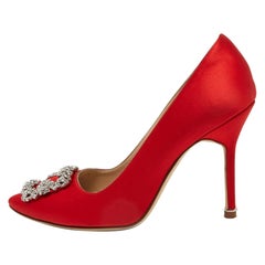 Manolo Blahnik Red Satin Hangisi Pumps Size 37.5