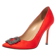 Manolo Blahnik Red Satin Hangisi Pumps Size 38.5