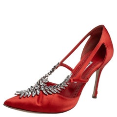 Manolo Blahnik Red Satin Lala Pointed Toe Pumps Size 40.5