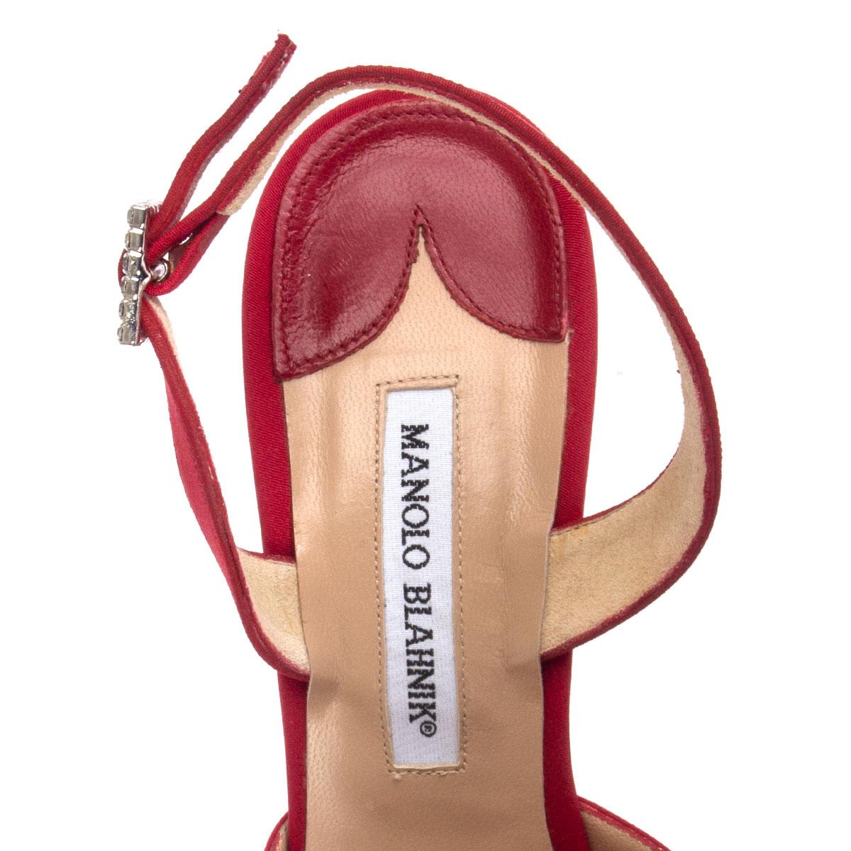 Red MANOLO BLAHNIK red silk CRYSTAL EMBELLISHED Sandals Shoes 38.5