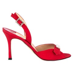 MANOLO BLAHNIK red silk CRYSTAL EMBELLISHED Sandals Shoes 38.5