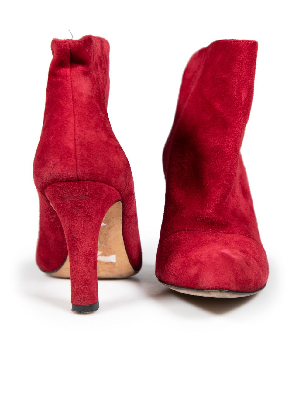 Manolo Blahnik Red Suede Heeled Ankle Boots Size IT 37.5 In Good Condition For Sale In London, GB