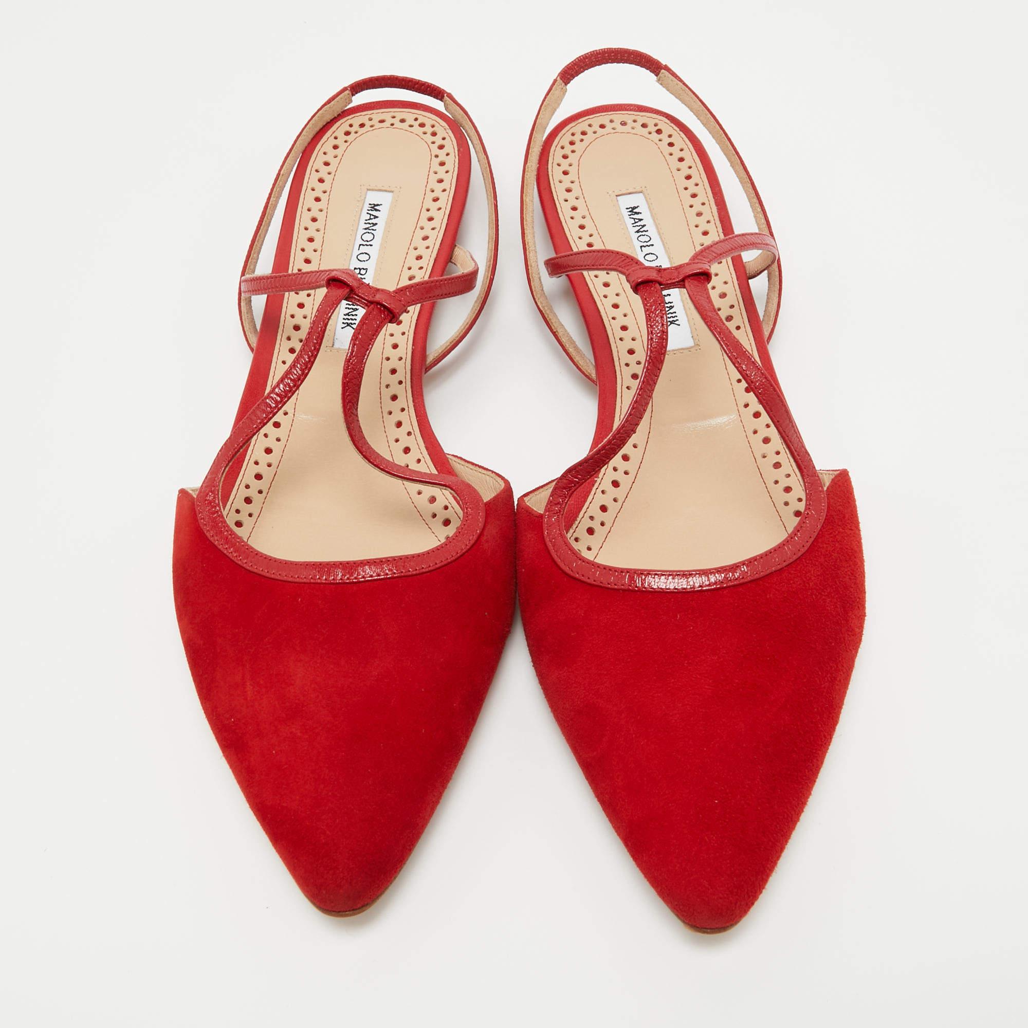 Women's Manolo Blahnik Red Suede Slingback Flats Size 41