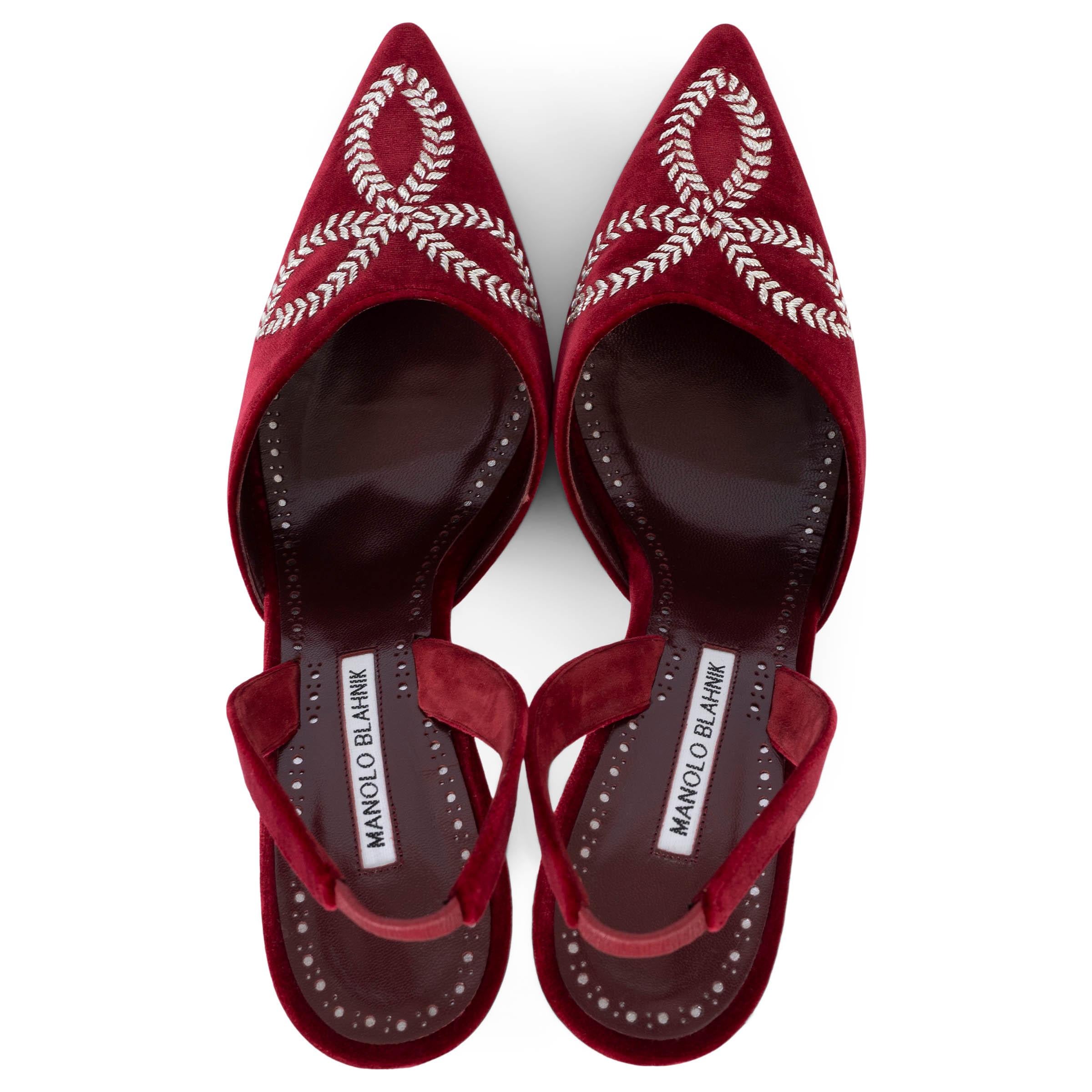 Women's MANOLO BLAHNIK red velvet DOYASI 70 Slingbacks Pumps Shoes 41.5 For Sale