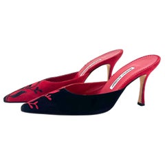 Manolo Blahnik Retro Vintage Abstract Floral Embroidered Pointed Toe Mules 39.5