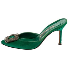Manolo Blahnik Royal Green Satin Hangisi Pointed Toe Mules Size 36.5