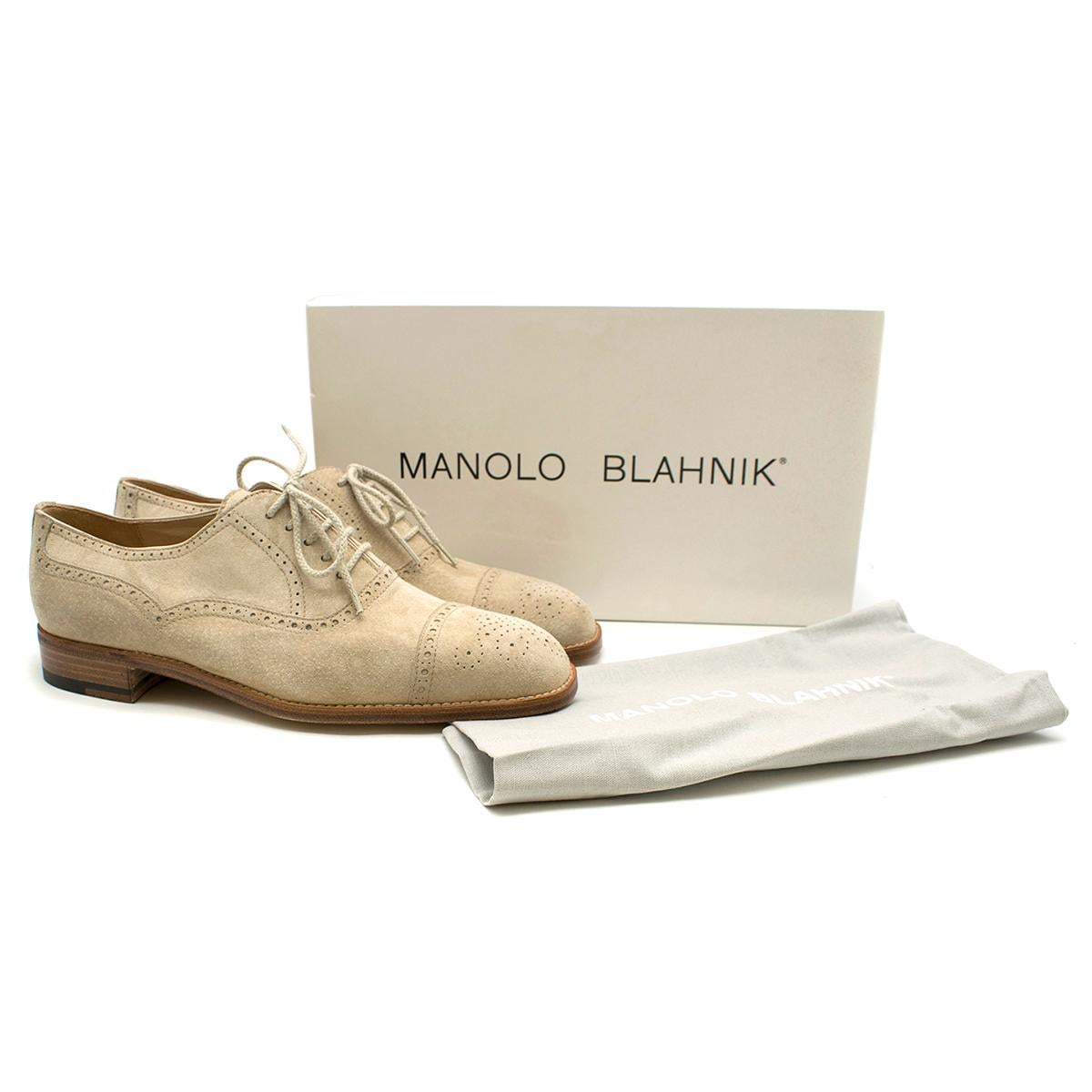 Manolo Blahnik Sand Suede Cap Toe Oxfords

- Sand Broque Oxfords 
- Toe cap front, lace ups 
- Low tops, leather lining 
- Hard brown soles 

This item comes with an additional dust bag and box. 

Please note, these items are pre-owned and may show
