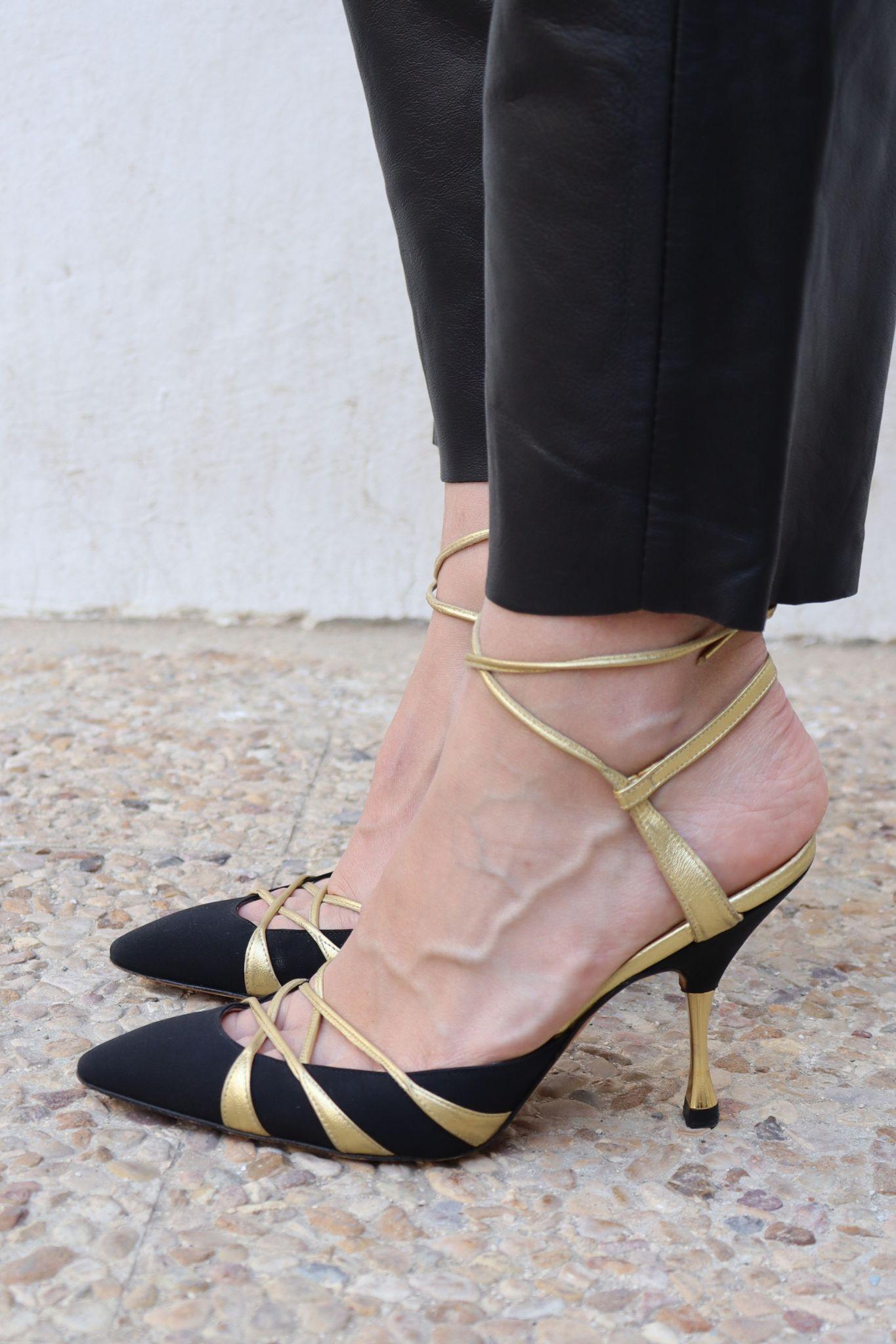 Manolo Blahnik Satin Accent Strappy Sling-back Pumps Size EU 37.5 In Good Condition In Amman, JO