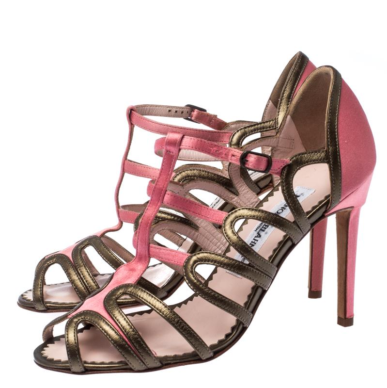 Manolo Blahnik Satin And Leather Cut Out Strappy Sandals Size 36 2
