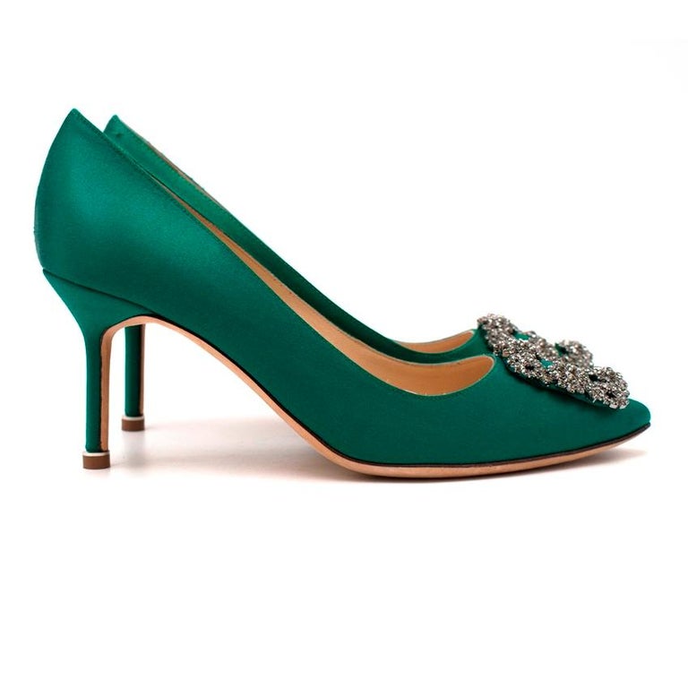 Manolo Blahnik Satin Emerald Hangisi 70mm Pumps Size 38 at 1stDibs