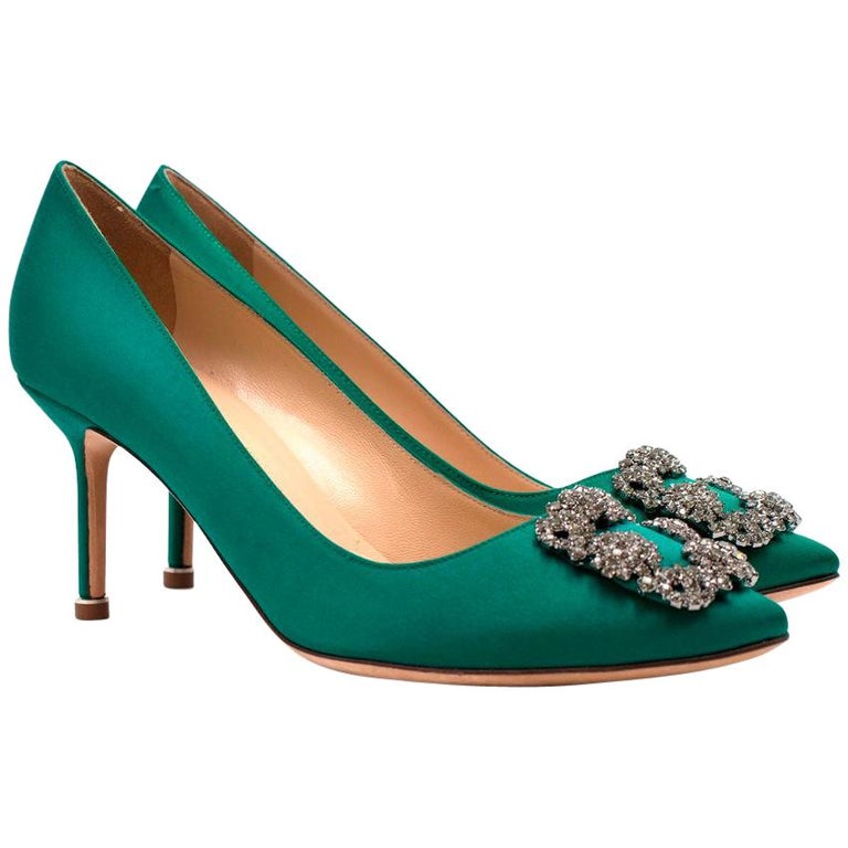 Manolo Blahnik Satin Emerald Hangisi 70mm Pumps Size 38 at 1stDibs