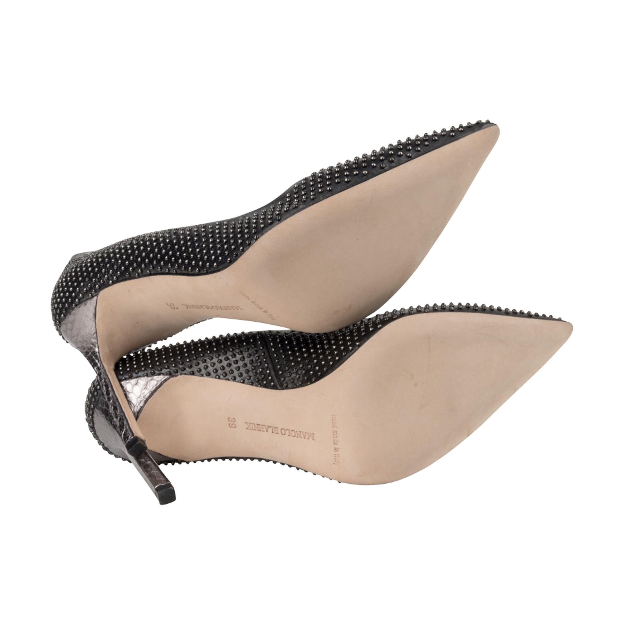 Manolo Blahnik Shoe Black Small Studs Silver Heel 39 / 9 New For Sale 1