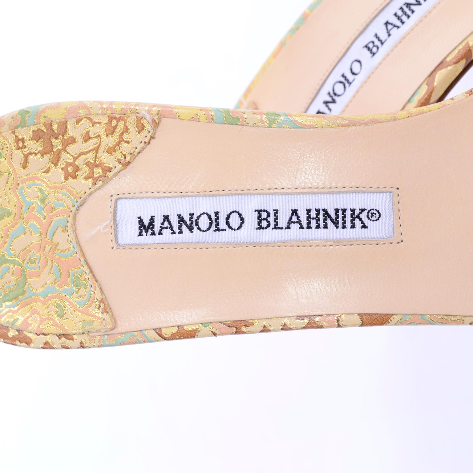 Manolo Blahnik Shoes Gold Floral Brocade Sandal Slides With Heels Size 38.5 5