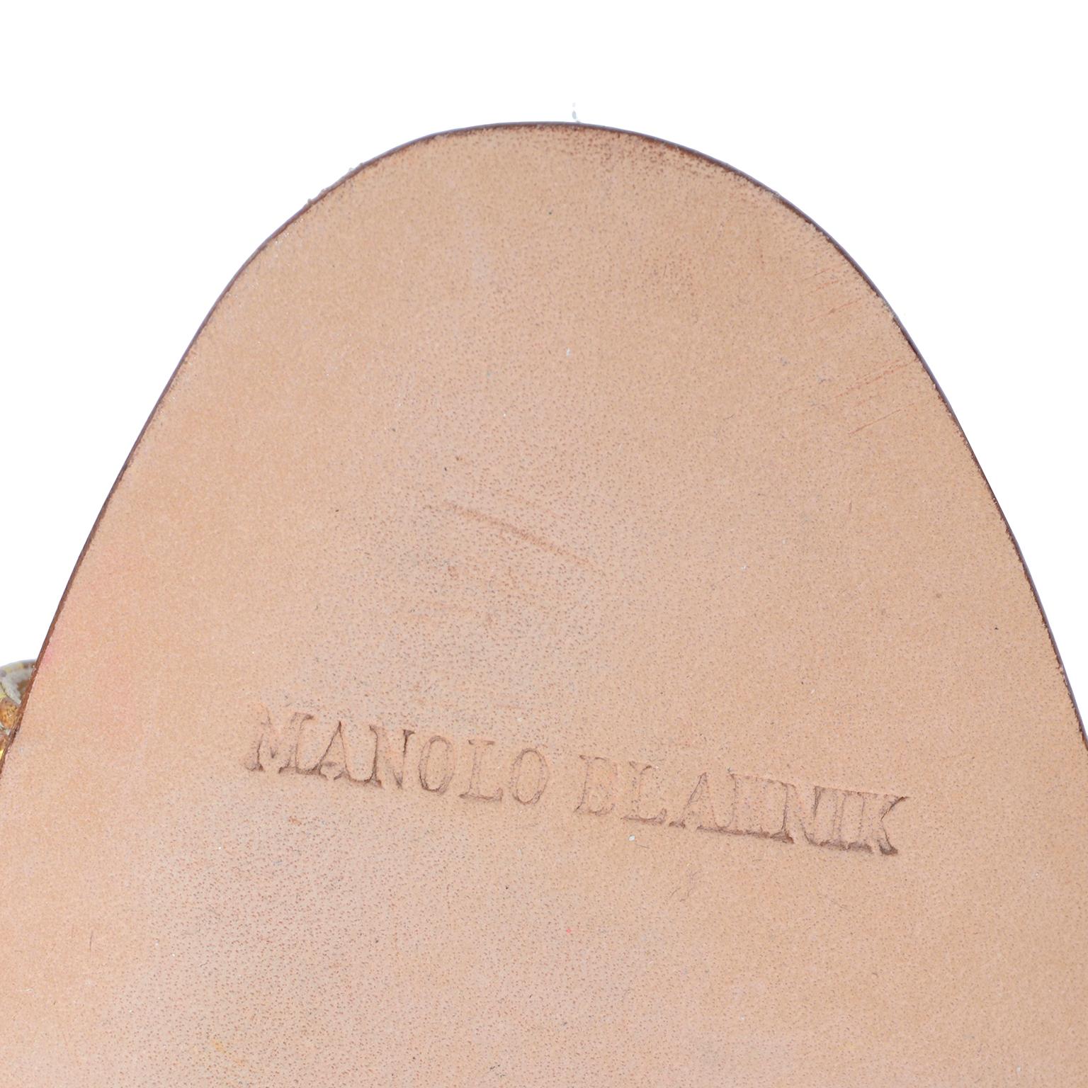 Manolo Blahnik Shoes Gold Floral Brocade Sandal Slides With Heels Size 38.5 2
