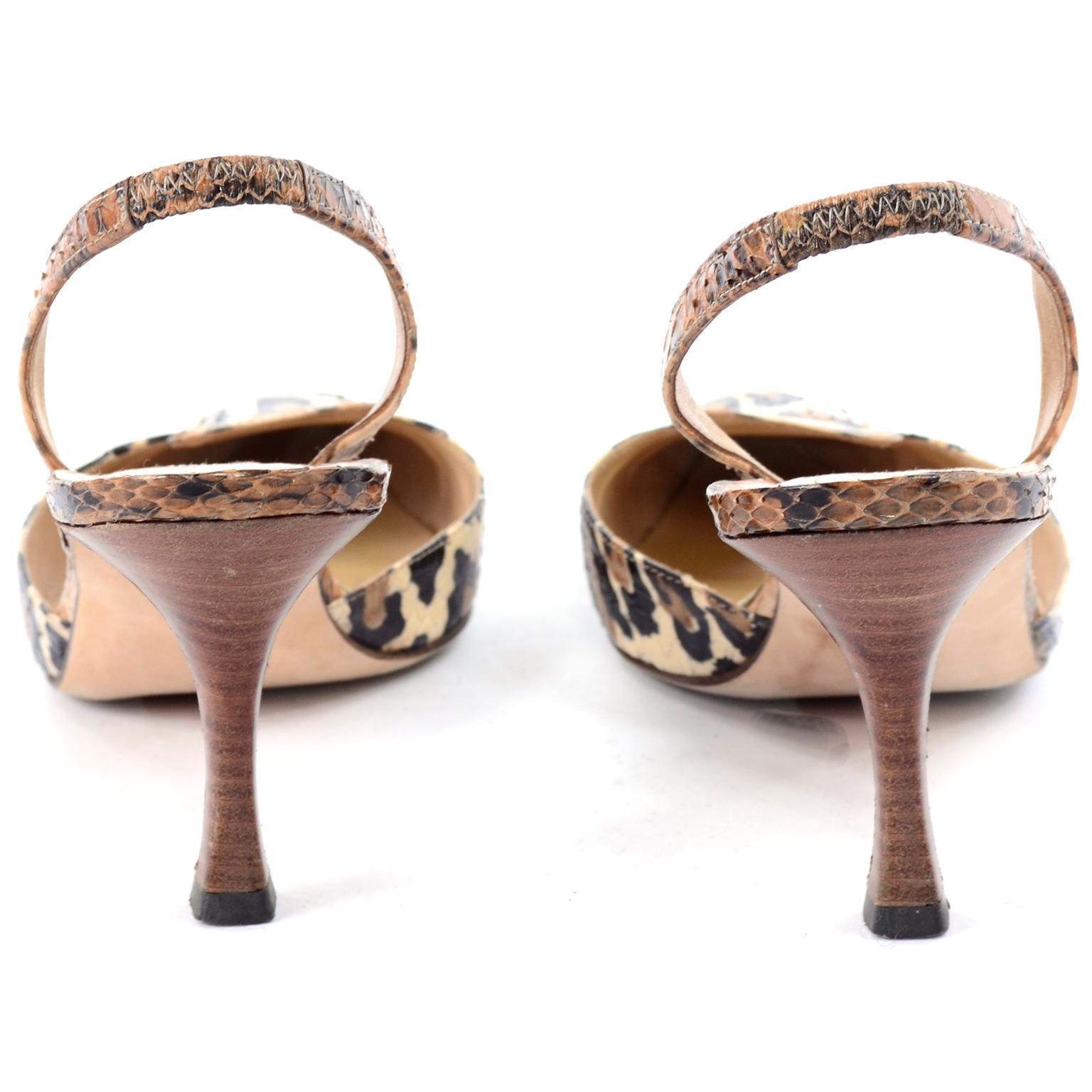 Manolo Blahnik Shoes in Size 37.5 Leopard Print Snakeskin Slingback Heels In Good Condition In Portland, OR