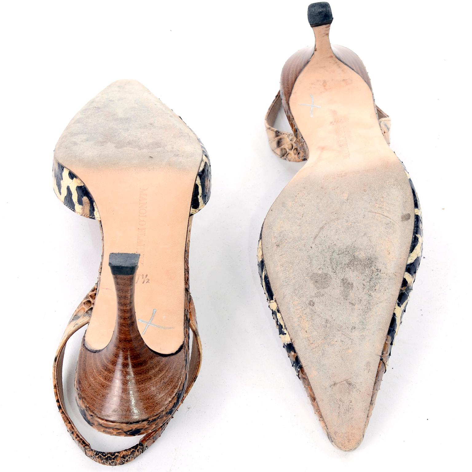 Women's Manolo Blahnik Shoes in Size 37.5 Leopard Print Snakeskin Slingback Heels