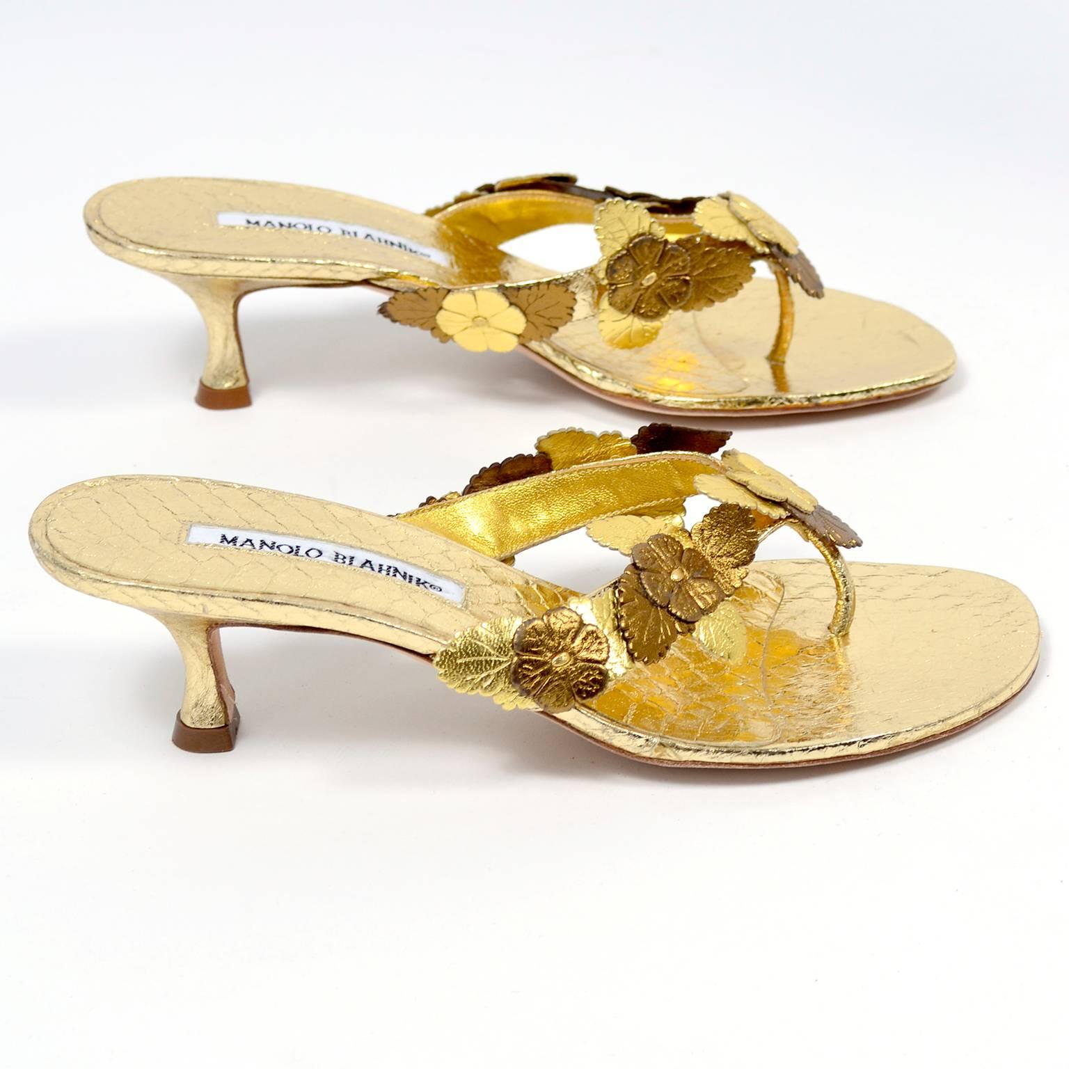 Women's Manolo Blahnik Metallic Gold Reptile Embossed Leather Sandals With Flowers