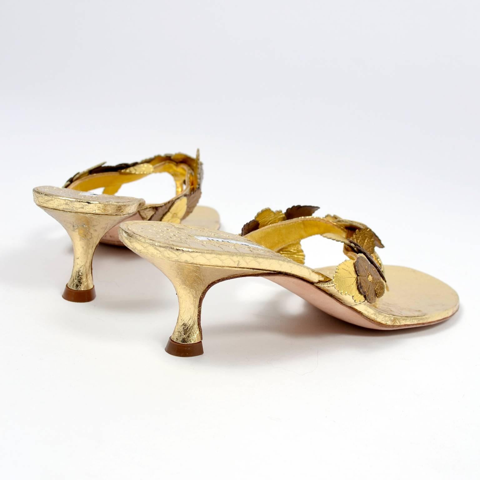 Manolo Blahnik Metallic Gold Reptile Embossed Leather Sandals With Flowers 1