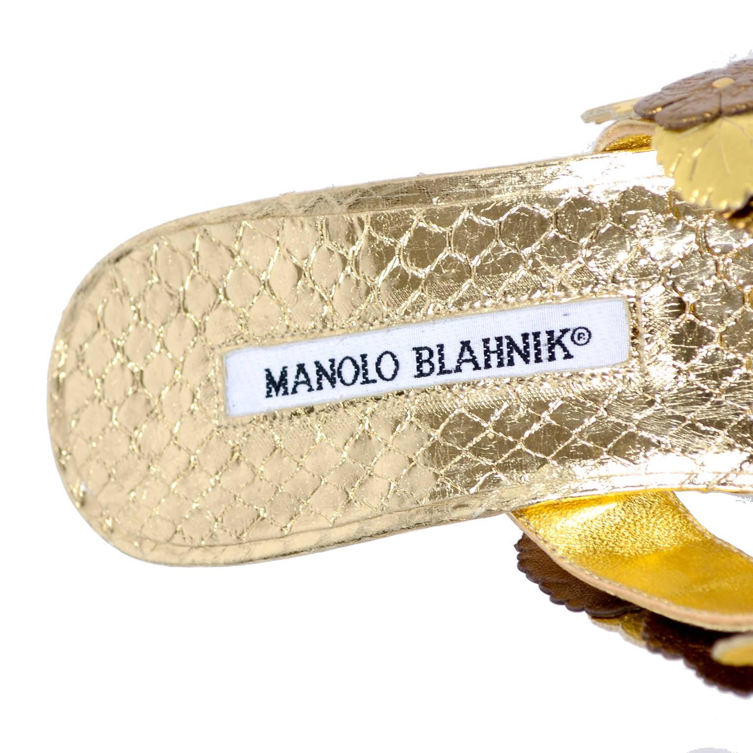 Manolo Blahnik Metallic Gold Reptile Embossed Leather Sandals With Flowers 5