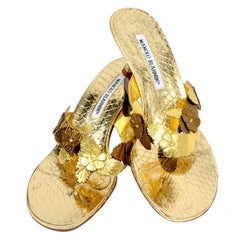 Manolo Blahnik Metallic Gold Reptile Embossed Leather Sandals With Flowers