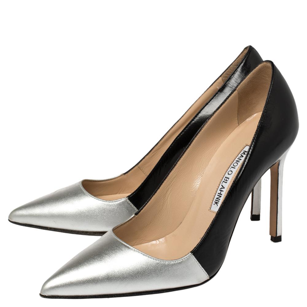 Brown Manolo Blahnik Silver/Black Leather Osmana Pointed Toe Pumps Size 35.5