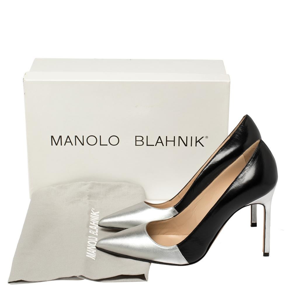 Women's Manolo Blahnik Silver/Black Leather Osmana Pointed Toe Pumps Size 35.5
