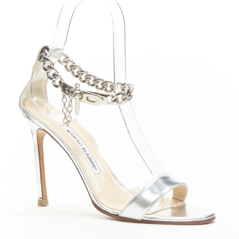 Beige MANOLO BLAHNIK argent chunky chain lock ankle strap high heel sandal EU37 US7 en vente
