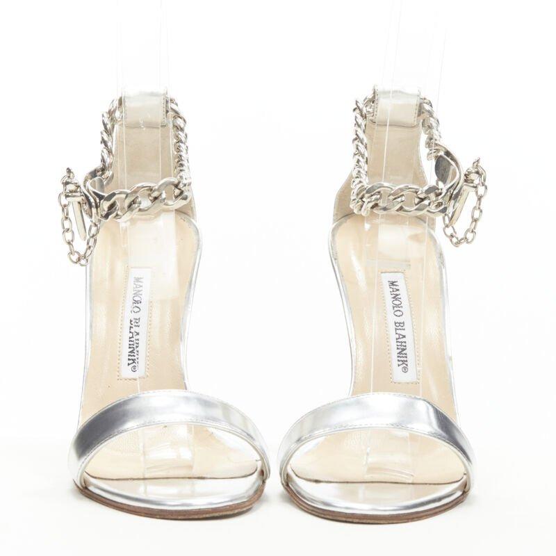 MANOLO BLAHNIK argent chunky chain lock ankle strap high heel sandal EU37 US7 Bon état - En vente à Hong Kong, NT