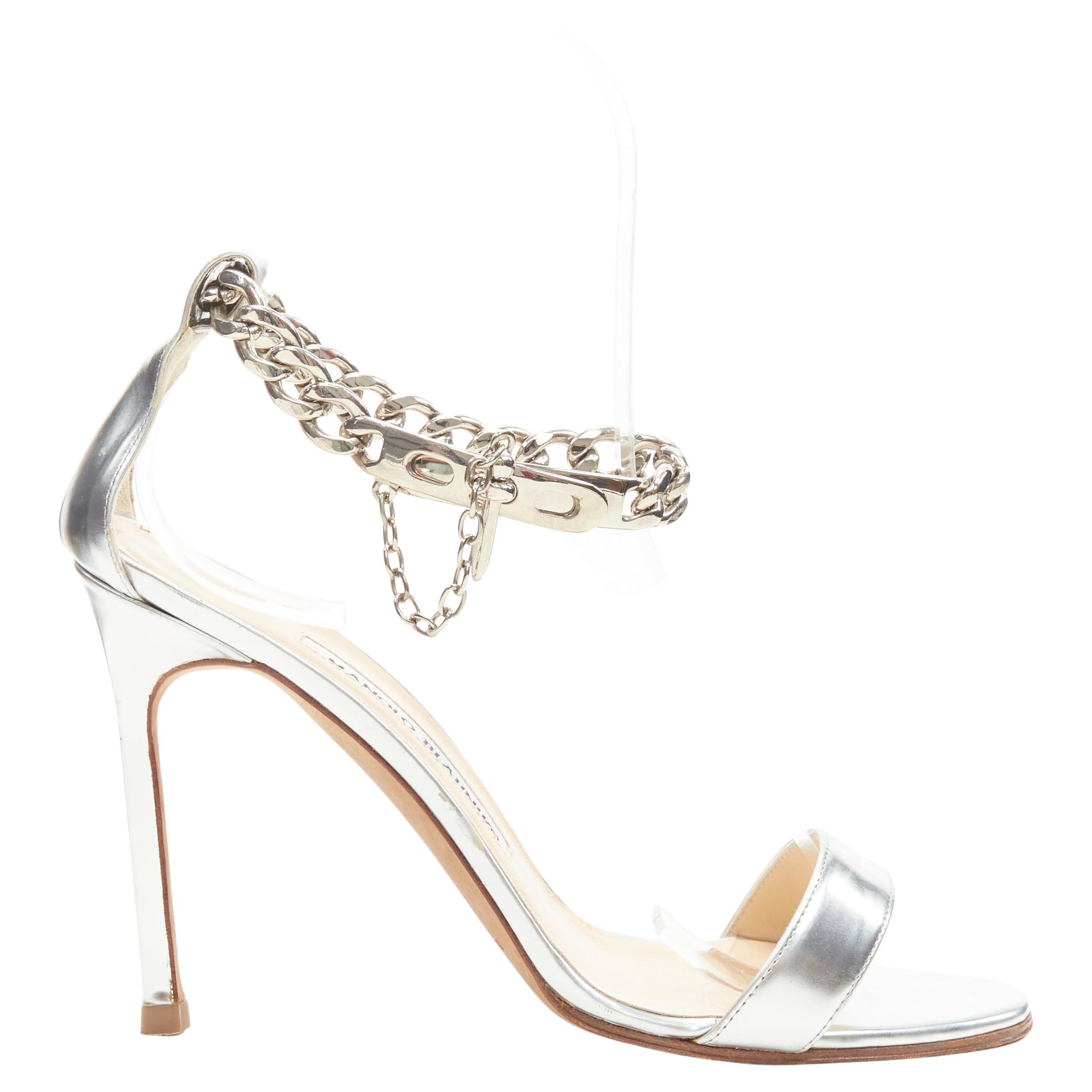 MANOLO BLAHNIK silver chunky chain lock ankle strap high heel sandal EU37 US7 For Sale